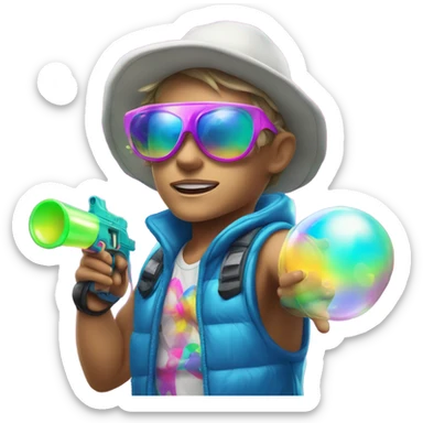 Caucasian boy in glowing rave gear with sunglasses and mask and hat and shooting a bubble gun sticker