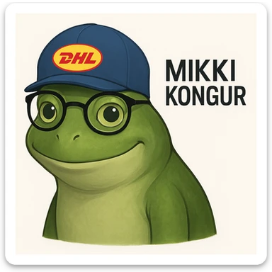 Design a realistic and clean DHL Express frog based on the reference image of a green frog with glasses and a DHL hat, smiling. Add the text 'Mikki kongur' in a modern font. Keep the look realistic and clean. sticker