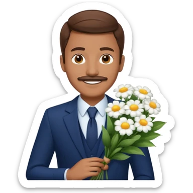 homme âgé 23 ans brun bronzé en costume bleu foncé souriant avec moustache portant un bouquet fleurs blanche  sticker
