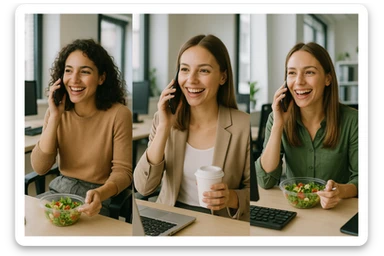 Three girls, each in their own separate modern office, talking on the phone to one another during lunch break, business casual attire, cheerful and connected vibe, modern office backgrounds with visible office elements like computers and windows, relaxed and lively social atmosphere. sticker