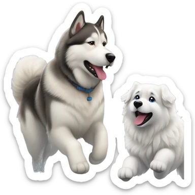 Alaskan malamute and Great Pyrenees playing In the snow sticker