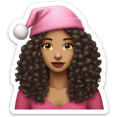 light brown skinned pretty woman with long black curly hair and almond brown eyes with pink christmas hat with big lips sticker