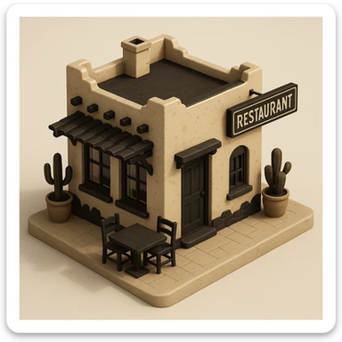 isometric exterior of a little southwestern restaurant, black, beige, and white color palette, dollhouse style, 3D realistic sticker