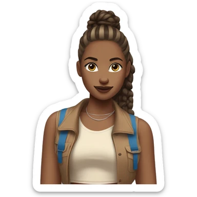 A girl wearing brown vest top with beige open crop shirt with brown vertical lines with blue straight jeans and white belt with white air Jordan high and doing a half bun ponytail  sticker