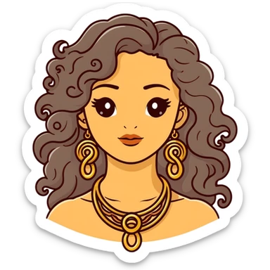 attractive Greek woman with long curly hair and light skin wearing gold Greek jewelry sticker