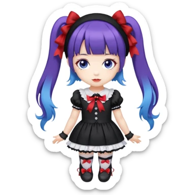 Chibi kawaii, violet eyes, black-blue twin tails, red ribbons, red beanie, black & white lolita dress with red accents, white thigh-highs, black mary janes, cute aesthetic. sticker