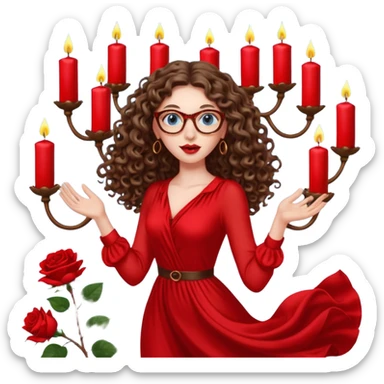 a blue eyed woman with very long brunette curly hair, full lips,and really pale skin. She is wearing a leopard printed thin round-ish glasses . She is wearing fully plain silky red dress. She is flying on the air. There are candles and sculptures and red roses all around her. She is making a magic. sticker