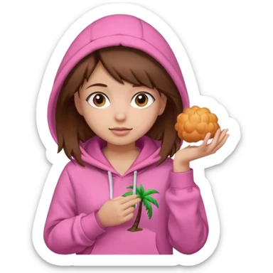 Girl with brown hair wearing a pink palm puff hoodie sticker