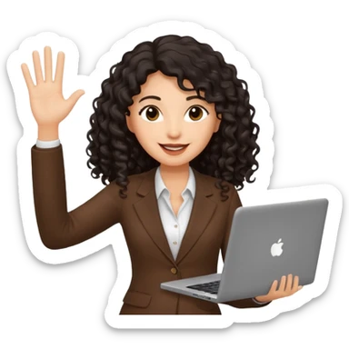 medium deep tan brown business woman with long black curly hair, waving hand with happy face and holding a laptop sticker
