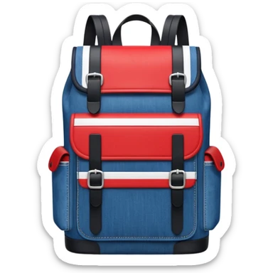 Minimalist emoji-style icon of a stylish blue denim backpack with a flap top, two vertical black buckle straps, a large red-white-navy horizontal block in the center, and two zipper side pockets. Inspired by Tommy Jeans design. Front view, cartoon-like, clean design.

 sticker