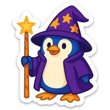 fun and whimsical penguin dressed as a wizard, with a pointy hat and a magic staff sticker