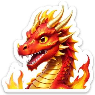 Cinematic Comical Fierce Fire Dragon Portrait Emoji, Head tilted dramatically with an exaggeratedly amused expression, featuring a striking, flame-draped body with bold, blazing scales in intense red and molten gold, and eyes twinkling with fiery mischief; rendered with vivid, lifelike textures and dynamic, flickering shadows, high shine, dramatic yet playful, styled with an air of cheeky volcanic mischief, soft glowing outline, capturing the essence of a spirited and over‐the‐top inferno that looks ready to burst into a cascade of playful embers! sticker