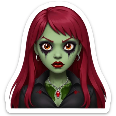vampira gótica parda zumbi de cabelo longo e vermelho extremamente escuro e franja e roupa com decote e batom preto sticker