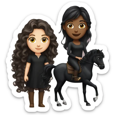 White girl, black shirt, long dark brunette curly hair, next to a black arabian horse sticker