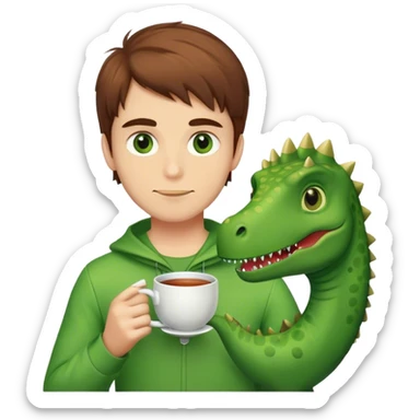 Brown hair guy with green eyes drinking tea in a dinosaur costume sticker