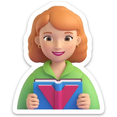 light-skinned woman in her 40s, strawberry blonde page haircut, round face, freckles, smiling, holding a book sticker