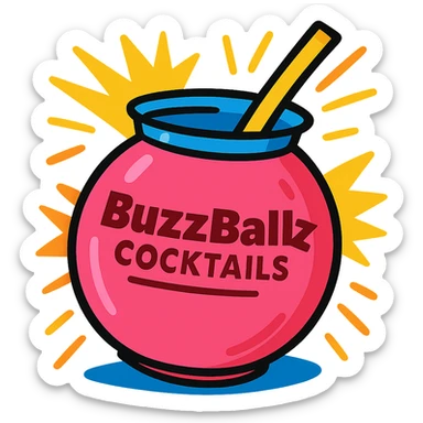 a big pink BuzzBallz drink, exaggerated size, energetic and lively sticker
