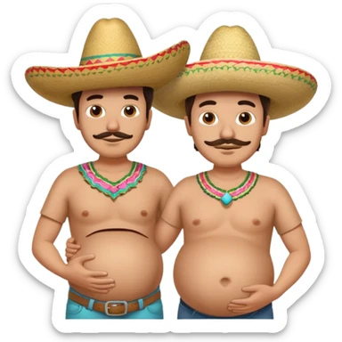 only two men standing besides each other. 1 man is white and not pregnant, and the other man is mexican wearing a sombrero and pregnant, holding his belly.  sticker