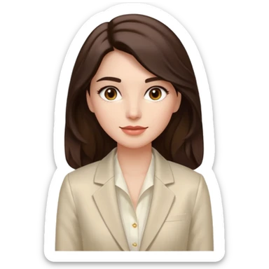Tom de pele: clara com fundo rosado
Cabelos: longos, castanho escuro, levemente ondulados
Sobrancelhas: bem definidas e cheias
Olhos: castanhos claros (podem ser destacados com brilho)
Traços marcantes: lábios cheios e sorriso suave
Roupa: blazer branco acinturado, top de seda bege por baixo sticker