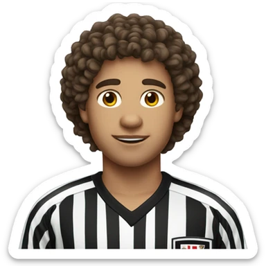 24 year old guy curly brown hair wearing g a hockey referee jersey  sticker