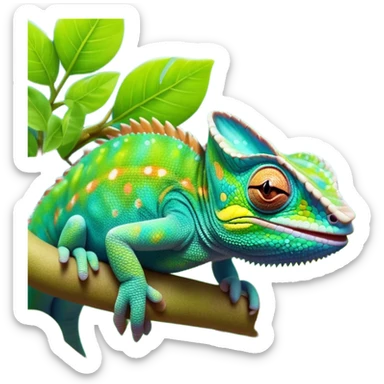 cinematic cute-smiling chameleon-realistic emoji,-blending-with-vibrant-greenery.-detailed-scales-in-shifting-colors,-showing-the-chameleon’s-ability-to-camouflage.-soft-natural-light-highlights-its-texture.-nature-background, zoomed into its face sticker