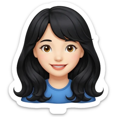 Please generate a portrait of a pretty girl with long, wavy, black hair. She's smiling. She also wears a middle parting and bangs. sticker