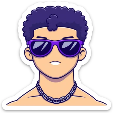 shirtless male athlete with white skin and moderately curly black hair on top with shaved sides, wearing purple sunglasses with very dark heavily tinted black lenses, and a simple plain black chain necklace, no earrings or other jewelry sticker