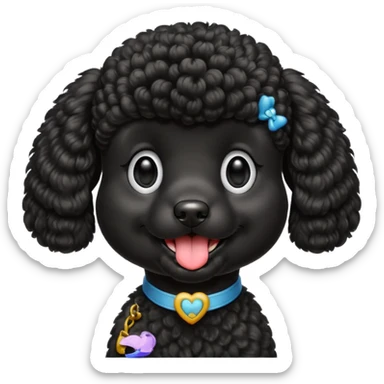 A high-resolution square-format digital illustration of a black poodle in a clean, emoji-inspired semi-realistic style. The poodle is shown from the chest up, facing forward with a slight tilt of the head to the left, tongue out playfully. sticker