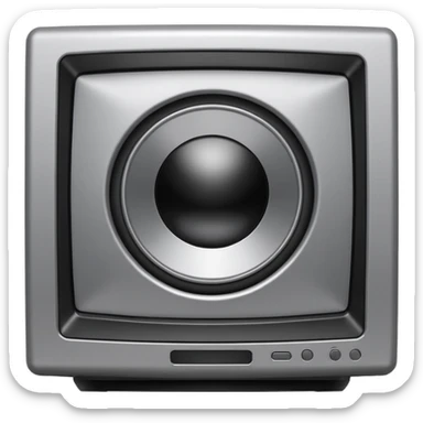 Minimal emoji icon of a modern metallic studio monitor, front view, detailed geometry, dark metallic body, subtle highlights, isolated sticker