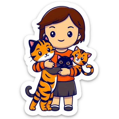 tan brown-haired girl holding two cats, one black cat and one orange tiger-striped cat sticker