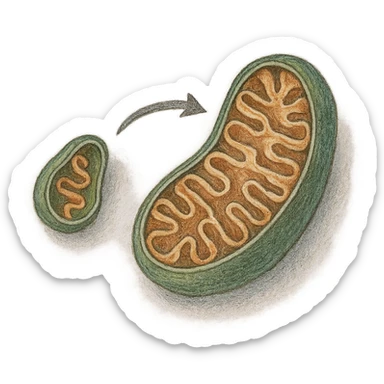 realistic colored drawing of mitochondrial biogenesis step 1: formation and growth of a new mitochondrion, visible texture on white paper, isolated on white background sticker