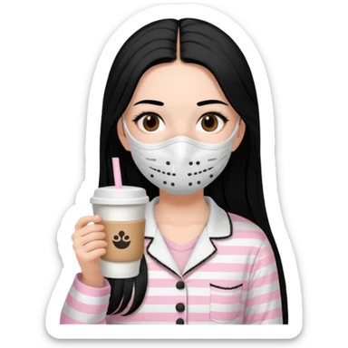 chica de pelo lacio color negro cabellera larga piyama blanca con rayas rosa claras peo no tan claras no oscuras el bordado es negro al igual que los botones )tiene una mascarilla para la carablanca y sostiene y cafe con bolitas nedras al dondo con unsorbete tranparente y es de test blanca  sticker