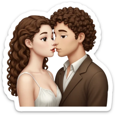 A couple kissing, the man would be white-skinned, mid fade-curly, brown-hair. The serious woman with white skin, long hair and brown color sticker