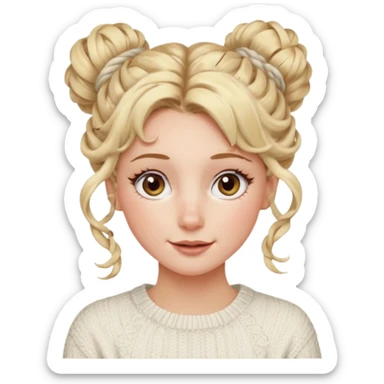 blonde hazel eyes woman with a white cable knit sweater and one curly messy bun with tendrils of hair flowing down her face and she is happy pale, some freckles, blush. she has a cateye wing and long lashes sticker
