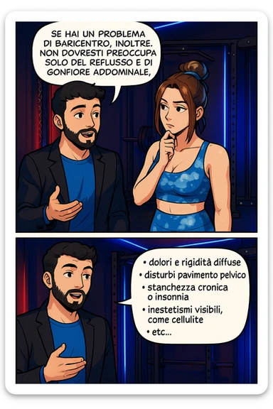 TRASFORMA QUESTO CAROSELLO IN UN FUMETTO STILE WEBTOON/MANGA A COLORI CON QUESTE DUE PERSONE IDENTICHE CHE INTERLOQUISCONO TRA LORO, L'uomo sta spiegando alla donna questo concetto MENTRE LA DONNA SI TIENE L'INDICE SUL MENTO ASCOLTANDOLO PENSIEROSA:

Se hai un problema di baricentro, inoltre, non dovresti preoccuparti solo del reflusso e del gonfiore addominale, ma anche di un aumentato rischio di:
    • dolori e rigidità diffuse
    • disturbi pavimento pelvico
    • stanchezza cronica o insonnia
    • inestetismi visibili, come celluluite
    • etc… sticker