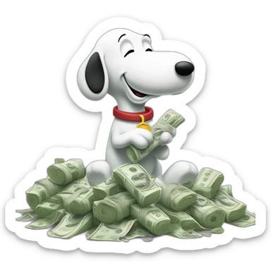 Rolled up dollar bill, held by snoopy in his paw hand pressed against his snout leaning over a pile of sugar and sniffing a pile of sugar through the dollar sticker