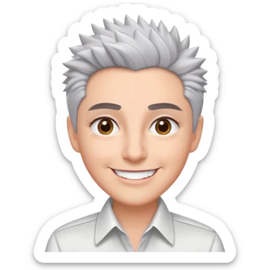 Close-up portrait of Marian Pabón with defined facial structure, light pinkish skin, almond eyes, arched eyebrows, charismatic wide smile, short spiky gray hair, wearing a formal white buttoned shirt sticker