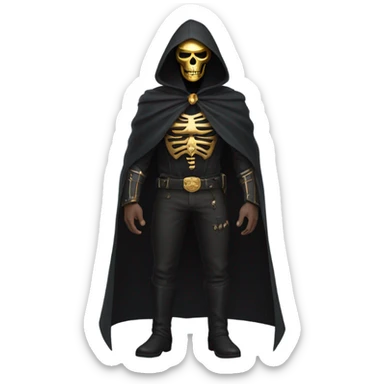 Bounty Hunter Boss with black cape and a gold skull mask from death Stranding, full body view sticker