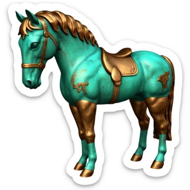 3D render of Bronze Horse Leg, heavily oxidized copper texture, verdigris patina,Fragment of a statue with patina, weathered bronze aesthetic, ancient decay, emoji style, isolated on white background --v 6.0. sticker