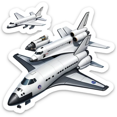 An icon featuring a collage of a space shuttle, a drone, and an airplane, symbolizing aerospace technology. The design includes rocket engines, wings, and flight paths, representing advancements in aviation and space exploration. Transparent background highlights cutting-edge aerospace engineering. sticker