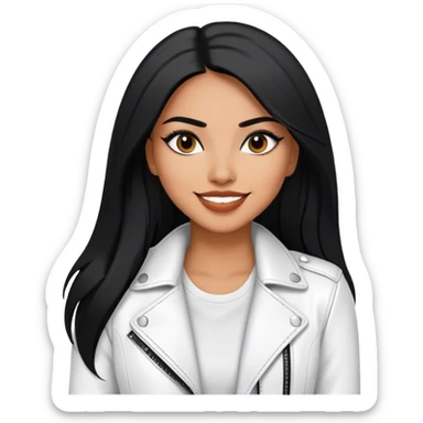 beautiful fit woman, with long straight black hair, with make up, black eye liner, smile mooth close, mexican, brown skin, wearing casual white outfit and leather black jacket, flirting sticker