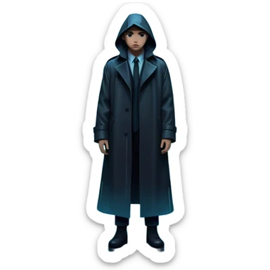 Movie Poster: A tense, gripping design with dramatic lighting. Include a mysterious figure in a dark coat standing in a rain-soaked alley, with glowing neon signs in the background. Shadows loom, and ominous shapes emerge from the mist. Suspenseful and cinematic atmosphere. Transparent background. sticker