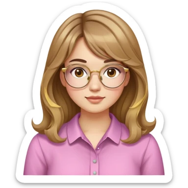 young adult woman with light skin, round face, prominent cheeks, medium plump body, long light brown hair with golden highlights, voluminous and wavy, long bangs over eyebrows, large octagonal glasses with thin golden or light pink frame, casual dark shirt sticker