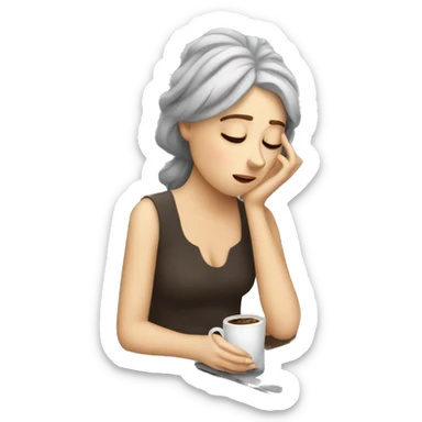 tired french girl with laptop drinking a lot of coffee sticker