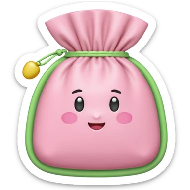 A Korean fortune pouch (bokjumeoni) in iPhone emoji style, pastel pink and light green colors, soft 3D glossy texture, centered, no outlines, transparent background. sticker