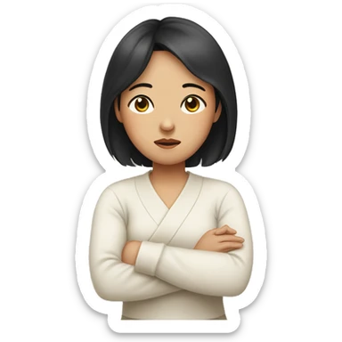 A Korean woman in her 30s with a difficult and sad expression, mother, black hair with arms crossed sticker