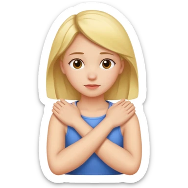 A girl with crossed arms holding onto her neck ￼ sticker