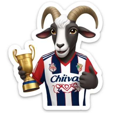 Draw a goat wearing the jersey of Chivas (a Mexican soccer team), holding a trophy in one hand. sticker