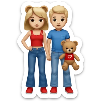 A boy and a girl teddy bear for the boy bear put on true religion shirt and jeans with black shoes and for the girl put flare jeans and a red tube top and white shoes just bears not the humans  sticker