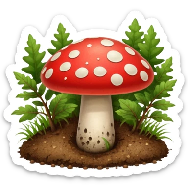 red magic mushroom wiht dirt sticker